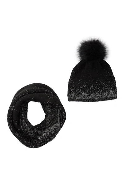Shop Modena Faux Fur Pompom Beanie & Infinity Scarf 2-piece Set In Black