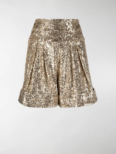 Balmain Double-pleated High-waisted Sequined Shorts In Yellow