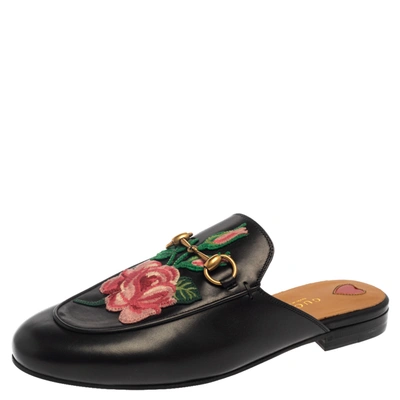 Pre-owned Gucci Black Leather Rose Embroidered Princetown Horsebit Flat Mules Size 37.5
