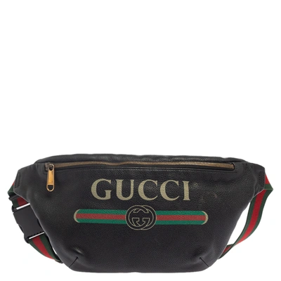 Pre-owned Gucci Black Pebbled Leather Logo Web Belt Bag