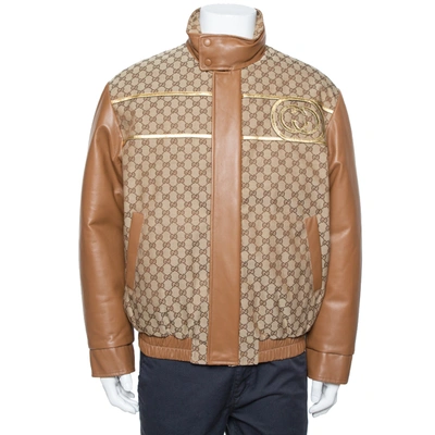 Pre-owned Gucci X Dapper Dan Bicolor Leather Logo Monogram Embellished Varsity Jacket M In Brown