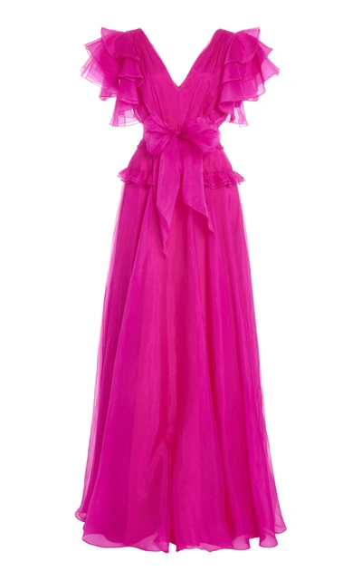 Shop Jenny Packham Carolina Belted Ruffle-trimmed Organza Gown In Pink