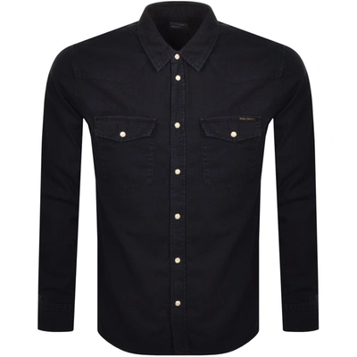 Shop Nudie Jeans Long Sleeved George Shirt Black In Navy