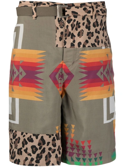 Shop Sacai Mix-print Belted Shorts In Brown