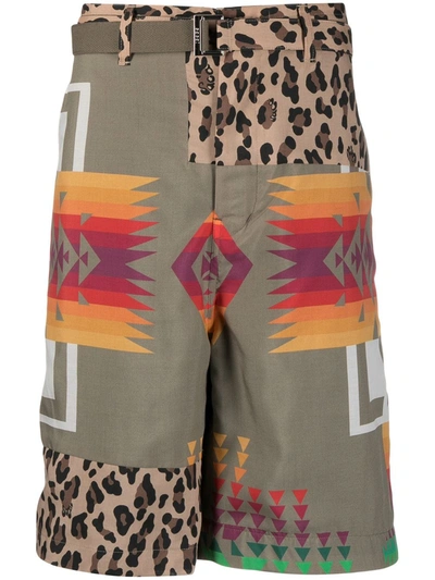 Shop Sacai Mix-print Belted Shorts In Green