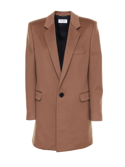 Shop Saint Laurent Wool Coat In Brown