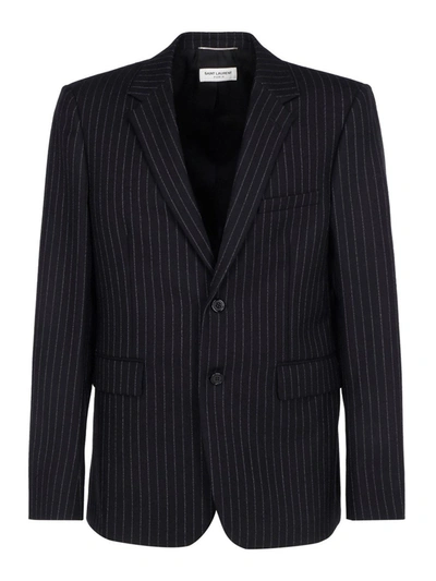 Shop Saint Laurent Pinstriped Wool Blazer In Black