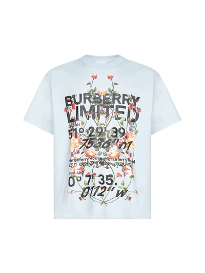 Shop Burberry Ladslow Logo And Floral Print Cotton T-shirt In Pale Blue