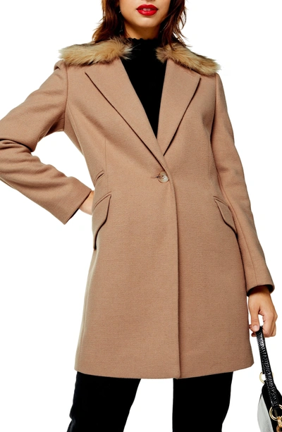 Shop Topshop Monica Faux Fur Collar Coat In Camel