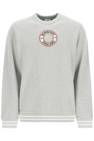 Shop Burberry Crewneck Sweatshirt With Logo Graphics In Pale Grey Melange