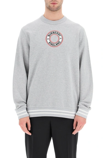 Shop Burberry Crewneck Sweatshirt With Logo Graphics In Pale Grey Melange