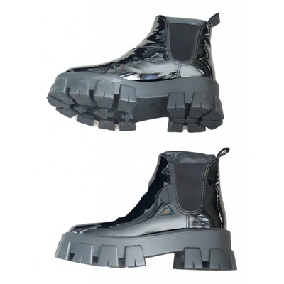 Pre-owned Prada Monolith  Black Patent Leather Ankle Boots
