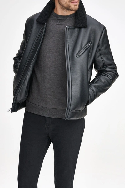 Shop Andrew Marc Maxton Faux Leather & Faux Shearling Collar Moto Jacket In Black