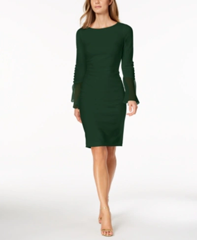 Shop Calvin Klein Chiffon-bell-sleeve Sheath Dress In Malachite
