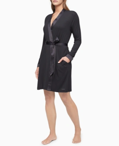 Shop Calvin Klein Satin-trim Wrap Robe Qs6529 In Black
