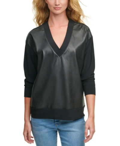 Shop Dkny Faux-leather-front Sweatshirt In Black
