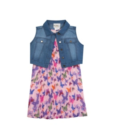 Shop Rare Editions Toddler Girls Pleated Dress With Denim Vest In Pink