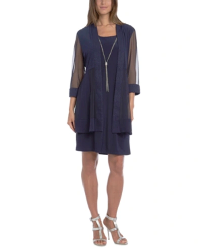 Shop R & M Richards Petite Jacquard Dress & Jacket In Navy