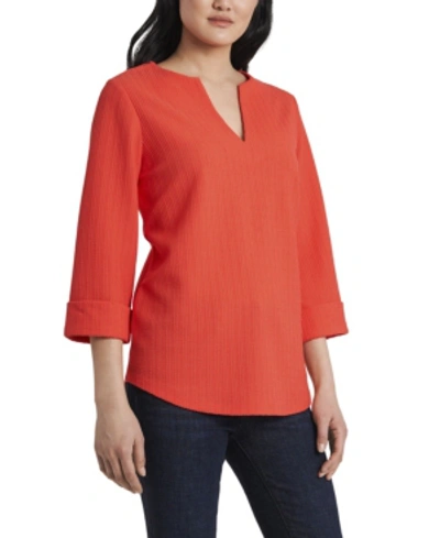 Shop Vince Camuto Petite 3/4-sleeve Textured Knit Split Neck Top In Coral Blaze