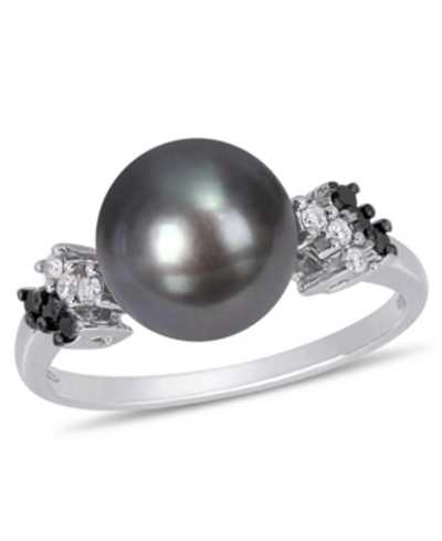 Macy's Tahitian Cultured Pearl (9-9.5mm) And Black White Diamond (1/8 Ct. T.w.) Ring In 10k White Gold In White
