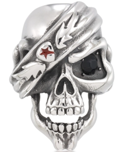Shop Andrew Charles By Andy Hilfiger Men's Black Cubic Zirconia & Red Enamel Pirate Skull Ring In Stainless Steel