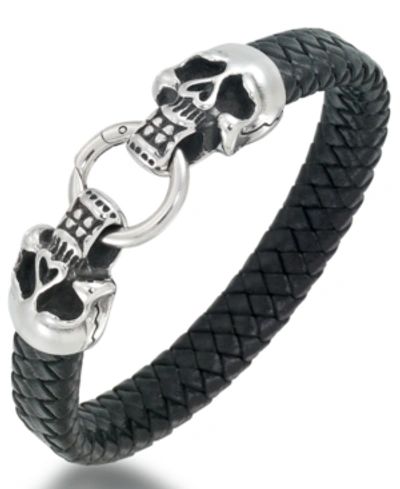 Andrew Charles By Andy Hilfiger Men's Leather Skull Head Bracelet In Stainless Steel In Stainless Steel