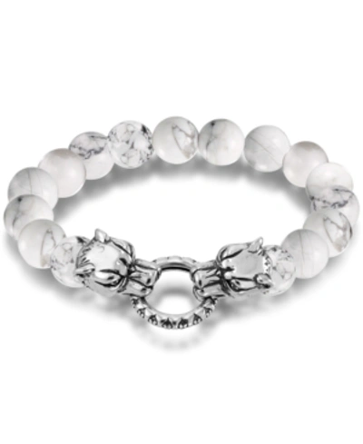 Andrew Charles By Andy Hilfiger Men's Tiger's Eye Bead Wolf Head Stretch Bracelet In Stainless Steel (also In Onyx & White Agate) In White Agate
