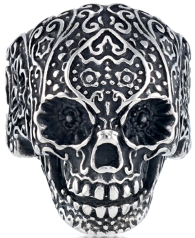 Andrew Charles By Andy Hilfiger Men's Ornamental Skull Ring In Oxidized Stainless Steel In Stainless Steel