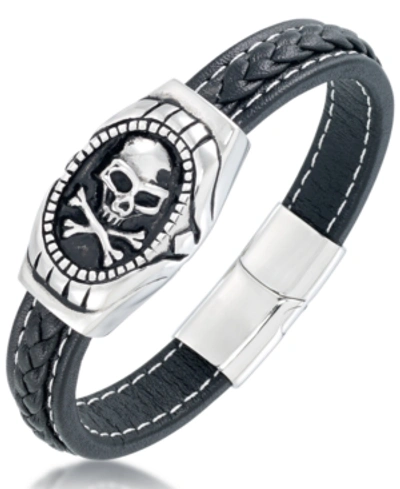 Shop Andrew Charles By Andy Hilfiger Men's Black Leather Skull Bracelet In Stainless Steel