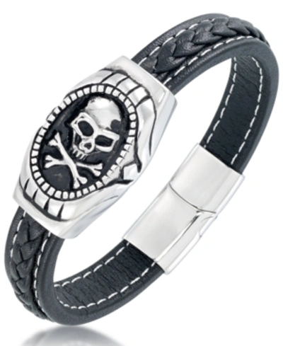 Andrew Charles By Andy Hilfiger Men's Black Leather Skull Bracelet In Stainless Steel In Stainless Steel