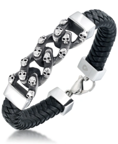 Shop Andrew Charles By Andy Hilfiger Men's Skull Link Leather Bracelet In Stainless Steel