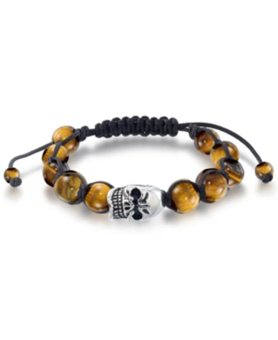 Andrew Charles By Andy Hilfiger Men's Onyx Bead Skull Bolo Bracelet In Stainless Steel (also In Tiger's Eye & White Agate) In Tiger's Eye