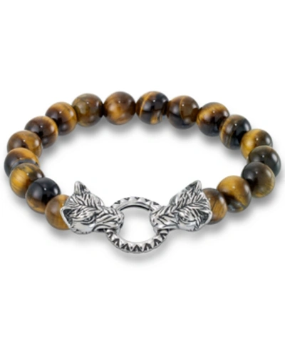 Shop Andrew Charles By Andy Hilfiger Men's Tiger's Eye Bead Wolf Head Stretch Bracelet In Stainless Steel (also In Onyx & White Agate)