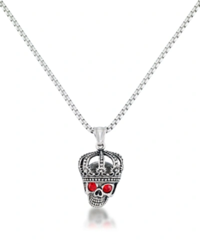 Shop Andrew Charles By Andy Hilfiger Men's Red Cubic Zirconia King Skull 24" Pendant Necklace In Stainless Steel
