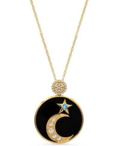 Shop Macy's Women's 14k Gold Plated Celestial Moon Star Pendant Necklace Medallion In Sterling Silver In Black