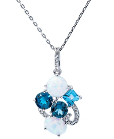 Macy's Lab-grown Opal (1 1/3 Ct.t.w) And Blue Topaz (2 1/2 Ct.t.w) Cluster Pendant Necklace In Sterling Sil In Blue