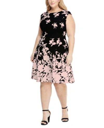 Shop London Times Plus Size Scuba-crepe Floral-print Fit & Flare Dress In Black/pink
