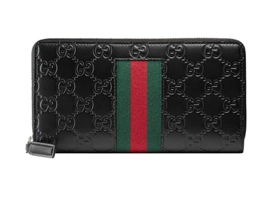 Pre-owned Gucci  Signature Web Zip Around Wallet Black