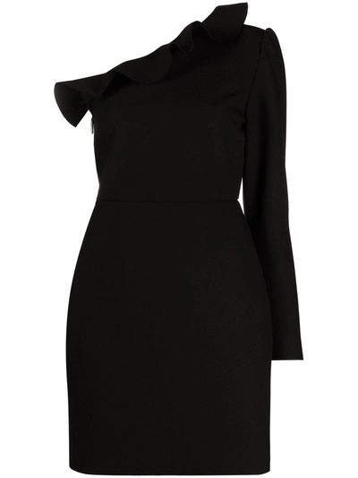Shop Msgm Ruffle Detail One-shoulder Dress In Black
