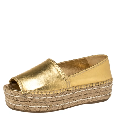 Pre-owned Prada Metallic Gold Leather Peep Toe Platform Espadrilles Size 37.5