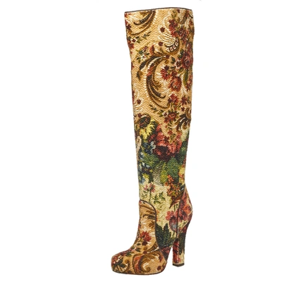 Pre-owned Dolce & Gabbana Multicolor Brocade Fabric Over The Knee Boots Size 36