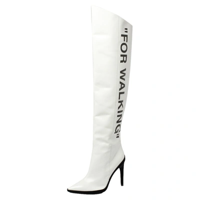 Pre-owned Off-white White Leather For Walking Thigh High Boots Size 37