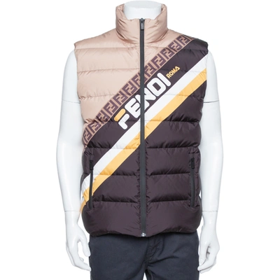 Pre-owned Fendi Colour Block Synthetic Logo Printed Sleeveless Puffer Gilet M In Black