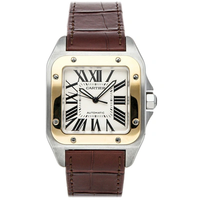 Pre-owned Cartier Silver 18k Yellow Gold And Stainless Steel Santos 100 W20077x7 Men's Wristwatch 38 Mm