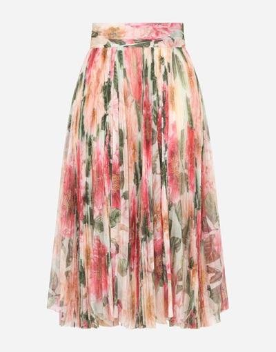 Shop Dolce & Gabbana Pleated Midi Skirt In Camellia-print Tulle