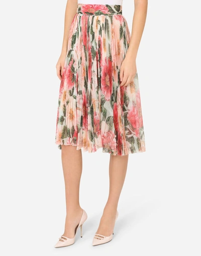 Shop Dolce & Gabbana Pleated Midi Skirt In Camellia-print Tulle