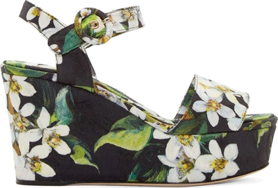 Dolce & Gabbana Orange Blossom Print Brocade Wedge Sandals In Prieted Flowers