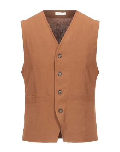 Shop Paolo Pecora Man Vest Brown Size 38 Linen, Viscose, Elastane