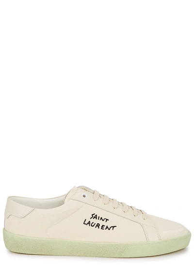 Saint Laurent Court Classic Distressed Logo-embroidered Canvas And Leather Sneakers In Off White