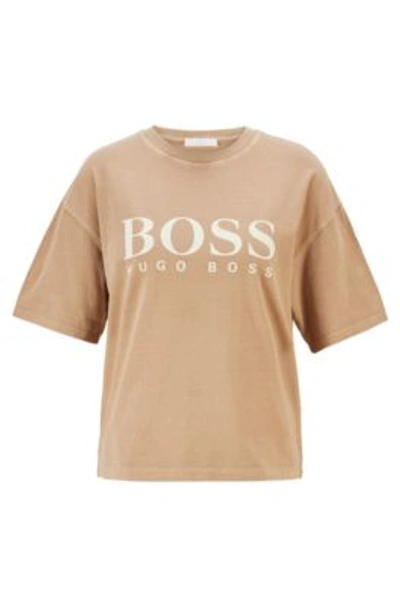 Shop Hugo Boss - Logo Relaxed Fit T Shirt In Organic Cotton - Light Brown